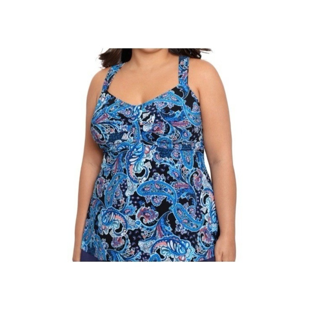 Trimshaper Tankini Swimsuit Top Womens 20W Blue Paisley Pool Resort Slimming New